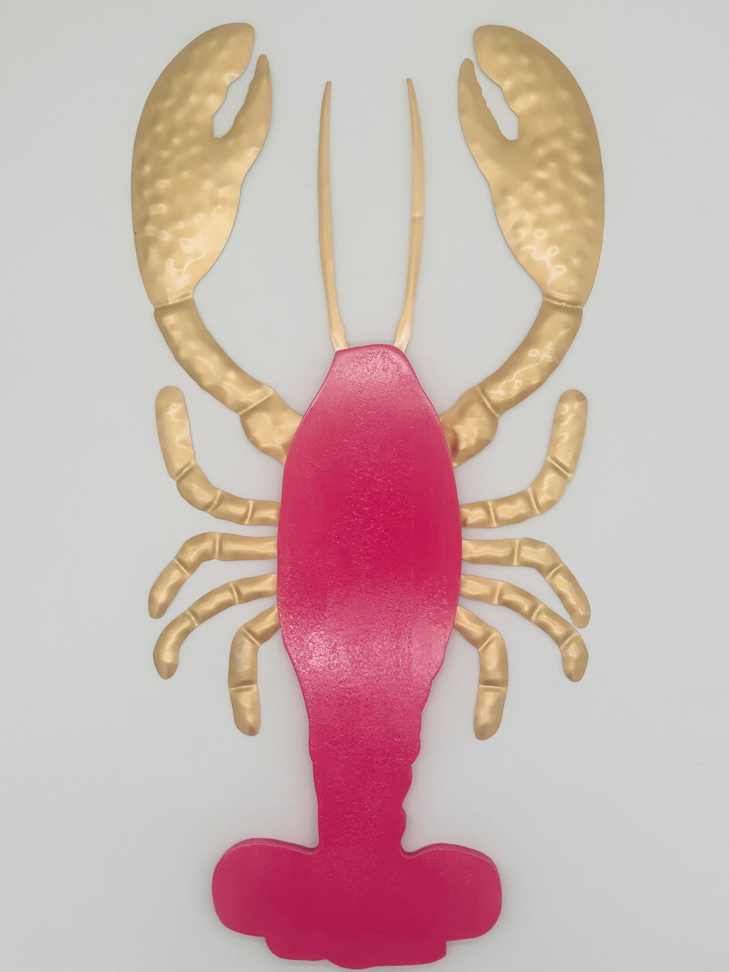 Bright Pink Wooden Lobster with Gold Metal Claws and Legs