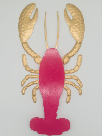 Bright Pink Wooden Lobster with Gold Metal Claws and Legs