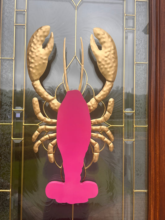 Bright Pink Wooden Lobster with Gold Metal Claws and Legs
