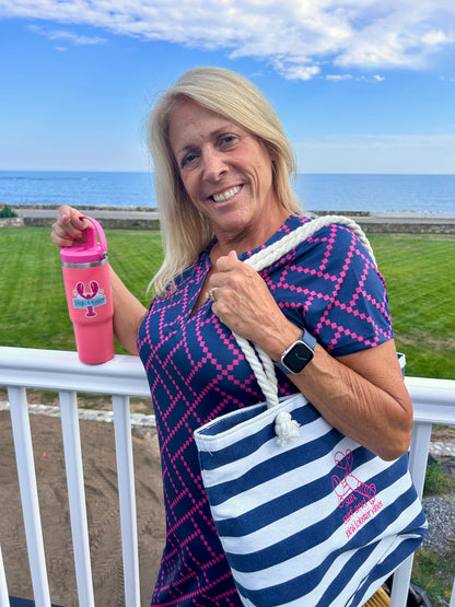 Navy and white striped beach bag