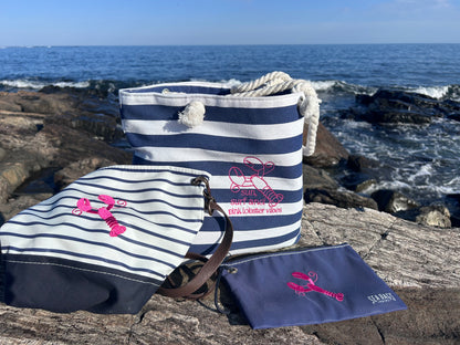 Navy and white striped beach bag