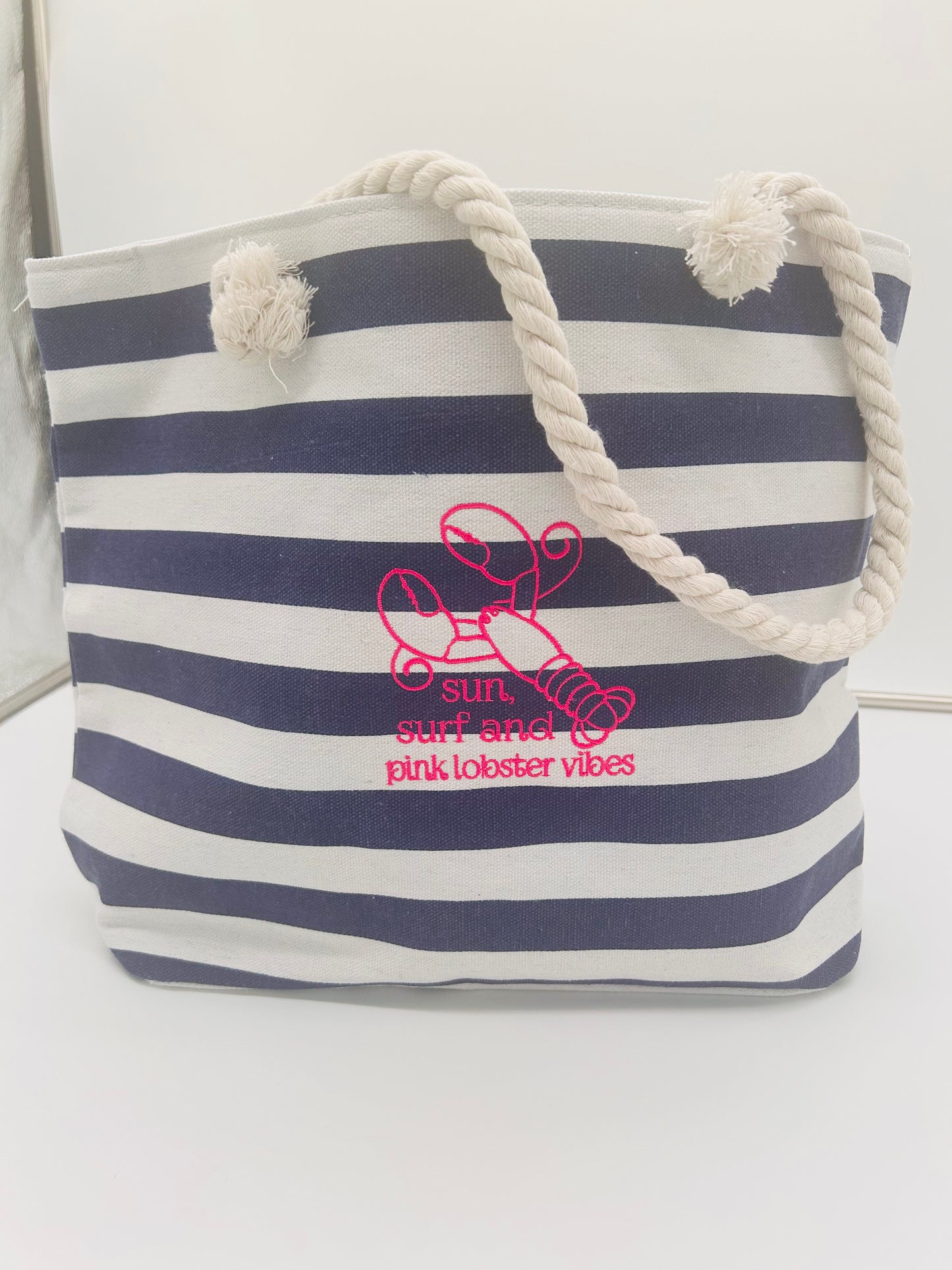Navy and white striped beach bag