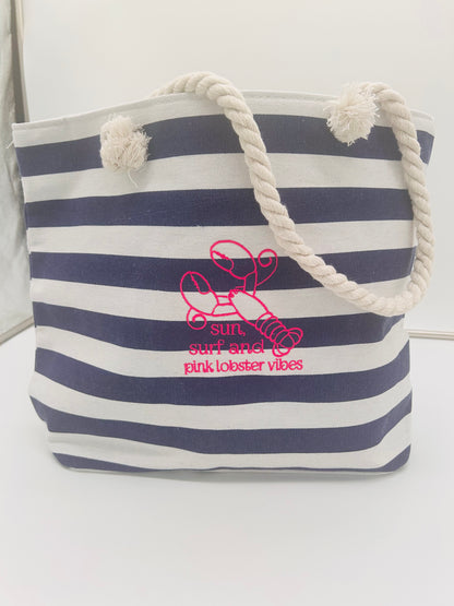 Navy and white striped beach bag